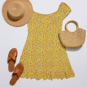 No Boundaries Yellow Floral Ruffle Hem Button Back Dress – Juniors XL (15-17)